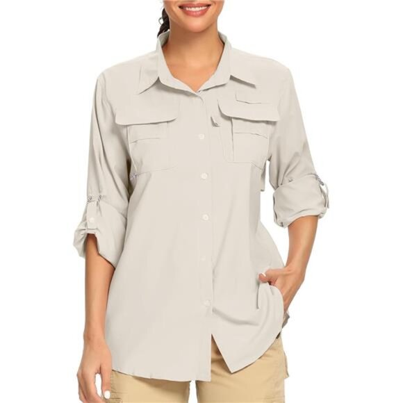Women's UPF 50+ UV Sun Protection Safari Shirt, Long Sleeve Outdoor Cool Quick - Picture 1 of 7